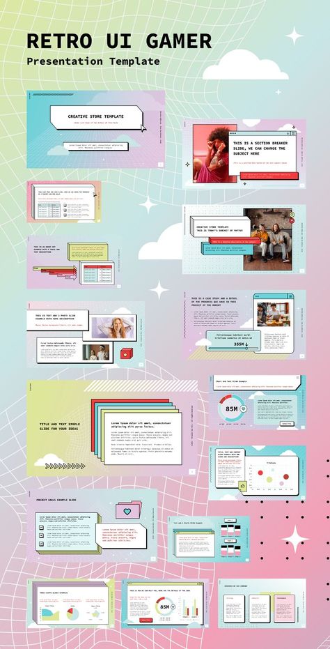 Presentation Template with a retro gamer look, with black border lines and pastel color backgrounds. Cute Colors, Game Ui Design, Ppt Presentation, Retro Look, Presentation Design, Presentation Template, Creative Fashion, Editorial Design, Design Company