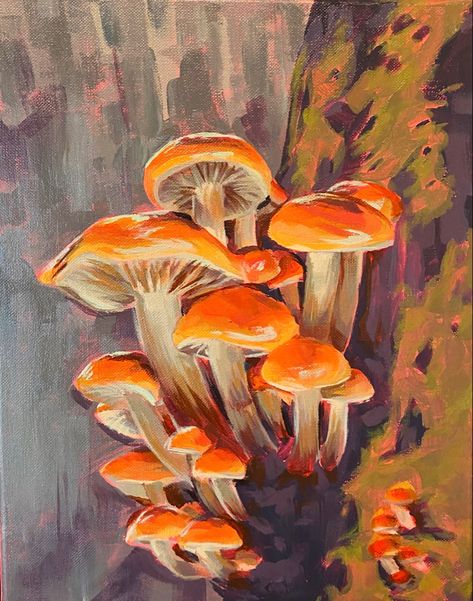 Guache Paintings Mushroom, Creative Mushroom Art, Oil Pastel Mushroom Drawing, Mushroom Painting Realistic, Mushroom Field Painting, Acrylic Paint Mushroom, Red Mushroom Painting, Gouache Mushroom Painting, Mushroom Window Painting