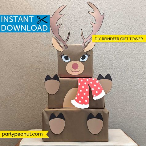 Reindeer Gift Tower, Christmas Gift Template, Reindeer Template, Baseball Party Invitations, Paper Reindeer, Candy Bag Favors, Gift Box Christmas, Gift Towers, Reindeer Gifts