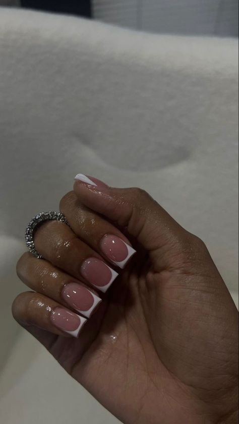 French Tip With Pink Acrylic Nails, White French Tips On Brown Skin, Unique Short Acrylic Nails Square, Deep Arch French Nails, Short Junk Nails, Acrylic Toe Nails, Hard Nails, Polish Nails, Drip Nails