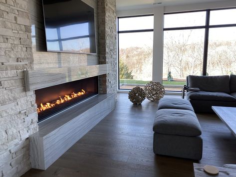 Open Gas Fireplaces | Modern Fireplaces without Glass Linear Fireplace With Hearth And Mantle, Linear Fireplace With Hearth, Linear Fireplace With Mantle, Idaho Decor, Modern Linear Fireplace, Linear Fireplaces, Tiled Fireplaces, Fire Mantle, Wall Fireplaces