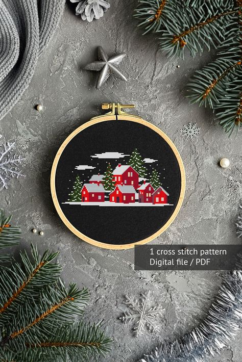 This is a digital product. It does not contain any physical items. Immediately after payment, you will be able to download a PDF file with pattern for cross-stitch. Immerse yourself in the spirit of the season with our "Christmas Cross Stitch Village" pattern. Tailor-made for creating unique and mini decorations, this design brings a touch of modern simplicity to your holiday decor. The simple embroidery process ensures a delightful crafting experience, resulting in a cozy and charming piece tha Mini Christmas Cross Stitch Patterns Free, Village Cross Stitch, Cross Stitch Uk, Mini Decorations, Christmas Cross Stitch Patterns Free, Cross Stitch Pattern Christmas, Christmas Tree Embroidery, Cross Christmas Tree, Unique Cross Stitch