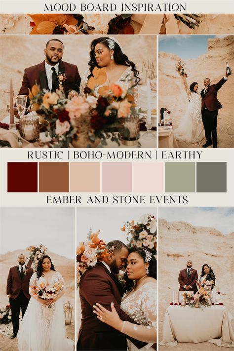 Rustic Boho-Modern Earthy Wedding Mood Board Inspiration for your wedding color scheme and color palette! Check out Ember & Stone Events for all inclusive event design, styling & planning for the best day of your life! Rustic Boho Wedding Colors, Rustic Boho Wedding Color Palettes, Desert Wedding Palette, Styled Shoot Mood Board, Boho Chic Wedding Colors Palette, Desert Boho Wedding Color Scheme, Desert Wedding Color Palette, Rustic Boho Color Palette, Sedona Wedding Colors