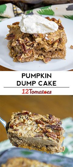 Pumpkin Pie Dump Cake?utm_source=12tomatoes Pumpkin Pie Dump Cake, Quick Thanksgiving Desserts, Carrot Pie, Creamy Pumpkin Pie, Pumpkin Dump, Pumpkin Crunch, Dump Cake Recipe, Dump Cake Pumpkin, Dump Cakes