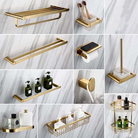 Accessories For Bathroom, Bath Shelves, Wall Mounted Corner Shelves, Gold Bad, Brass Bathroom Accessories, Washroom Accessories, Square Bath, Washroom Decor, Bath Shelf