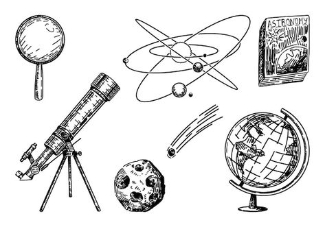 Astronomy Drawing Ideas, Astronomy Doodles, Astronomy Drawing, Nasa Drawing, History Doodles, Study Doodle, Telescope Drawing, Astronomy Illustration, Astronomy Lessons