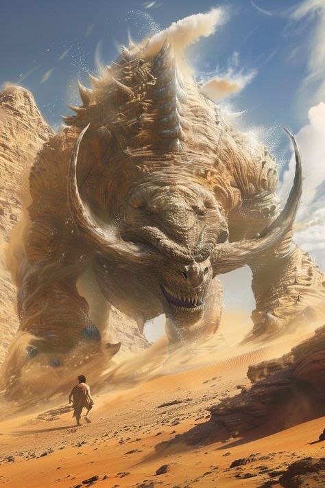 Fantasy Desert Monster, Desert People Art, Desert Monster Concept Art, Megalophobia Art, Fantasy Desert Village, Fantasy Desert Creatures, Desert Fantasy Art, Desert Concept Art, Desert Dnd