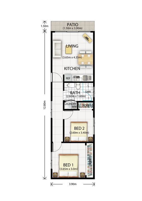 Granny Flat Plans, Flat Plan, Narrow House Designs, Narrow House Plans, Pelan Rumah, Tiny House Layout, Small House Floor Plans, Apartment Floor Plans, Tiny House Floor Plans