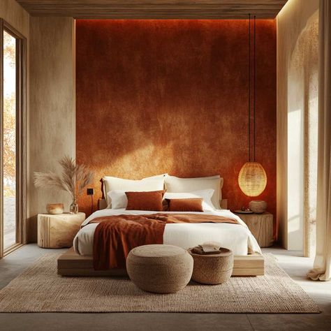 Clay Wall Bedroom, Luxe Hotel Bedroom, Terracotta And Cream Bedroom, Moody Terracotta Bedroom, Blue Terracotta Bedroom, Main Room Decor Master Bedrooms, Terracotta Bedroom Walls, Rust Wall Color, Bedroom Colours 2024