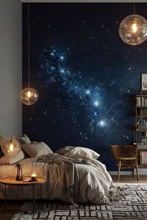 bedroom lighting, ceiling lights, bedside lamps, floor lamps Galaxy Bedroom Ideas, Space Themed Bedroom Aesthetic, Space Aesthetic Room, Coastal Boho Living Room, Gaming Nook, Galaxy Bedroom, Space Themed Bedroom, Best Color Schemes, Productive Work