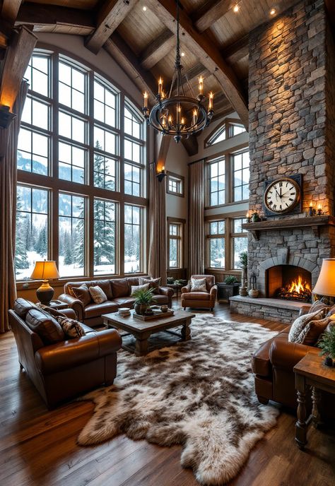 Rustic Living Room Montana Inspired Living Room, Grand Fireplace Ideas Living Rooms, Cozy Cabin Living Room Ideas, Winter Lodge Interior, Rustic Family Rooms, Lodge Living Room Ideas, Mountain Lodge Living Room, Cabin Interiors Living Room, Cozy Cabin Fireplace