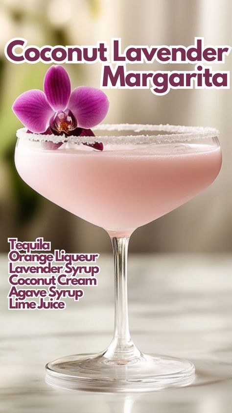 Coconut Lavender Margarita Lavender Margarita, Bartending Tips, Lavender Cocktail, Cocktail Drinks Alcoholic, Yummy Alcoholic Drinks, Mixed Drinks Alcohol, Best Cocktail Recipes, Classic Margarita, Boozy Drinks