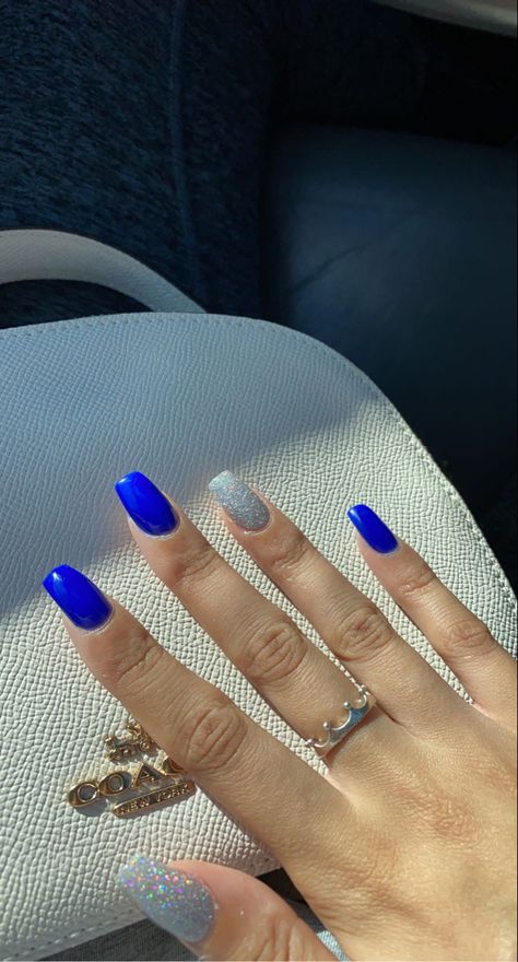 Nails For A Royal Blue Prom Dress, Royal Blue Nails With Silver Glitter, Royal Blue And Glitter Nails, Royal Blue Nails With Accent Nail, Nail Ideas Square Blue, Royal Blue Acrylic Nails With Silver, Cute Royal Blue Nails For Prom, Cute Acrylic Nail Designs Purple, Pretty Royal Blue Nails