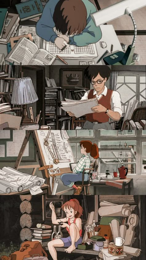 Studio Ghibli Studying Wallpaper, Studio Ghibli Workspace, Ghibli Study Wallpaper, Porco Rosso Scenes, Ghibli Workspace, Study Studio Ghibli, Si Tu Tends L’oreille, Ghibli Life Aesthetic, Studio Ghibli Studying