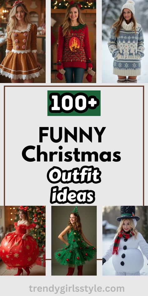 Get ready to spread holiday cheer with 100+ funny Christmas outfit ideas! From quirky sweaters to creative costumes, these festive looks are guaranteed to make you the star of every holiday party. Perfect for laughs, photos, and unforgettable memories Funny Xmas Photos, Funny Christmas Party Outfits For Women, Silly Christmas Outfits, Diy Christmas Outfit Funny, Most Festive Christmas Outfit, Tacky Christmas Outfit Women, Creative Christmas Outfits, Christmas Song Dress Up Ideas, Dress Like Your Favorite Christmas Song