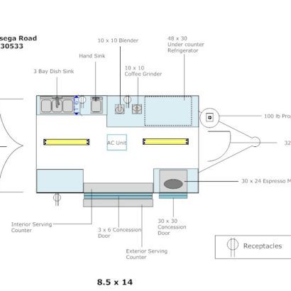 FLOOR LAYOUTS - Advanced Concession Trailers Coffee Trailer Layout Floor Plans, Food Trailer Layout Design, Building A Food Trailer, Coffee Truck Floor Plan, Food Trailer Interior Layout, Food Trailer Design Interior, Concession Trailer Interior, Food Truck Design Interior Kitchens, Food Truck Floor Plan