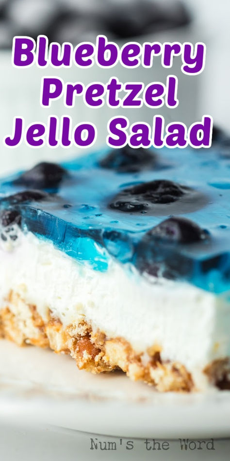 Blueberry Pretzel Salad is an easy but delicious salad perfect for holidays or summer get togethers! You’ll absolutely love the flavor combos and so will everyone else who eats it! #numstheword #blueberrypretzeljellosalad #blueberrygelatinsalad #blueberryjellopretzeldessert #blueberryjellopretzelsaladrecipe #blueberryjellodessertwithpretzelcrust #blueberryjellosaladwithpretzels Blueberry Pretzel Salad, Blueberry Pretzel, Pretzel Jello Salad, Jello Pretzel Salad, Blueberry Jello, Blueberry Salad Recipes, Blueberry Jello Salad, Pretzel Jello, Gelatin Salad