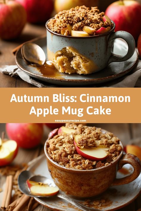 A delicious cinnamon apple crisp mug cake topped with oats and fresh apple slices in a rustic mug. Fall Mug Cake, Mug Cake With Cake Mix Boxes, Mug Apple Crisp, Apple Crisp In A Mug, Apple Mug Cake, Cinnamon Apple Crisp, Cinnamon Desserts, Easy Zucchini Recipes, Cinnamon Breakfast