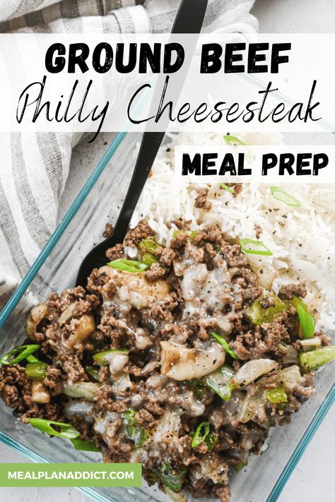 This ground beef spin on Philly Cheesesteak is a quick and limited ingredient dish that will have you ditching the traditional style Philly Cheesesteak sandwich this week, and make this super quick and simple version for dinner or your lunch meal preps this week! No Effort Dinner, Cheesesteak Meal Prep, Ground Beef Philly, Cheesesteak Sandwich, Cheesesteak Recipe, Prep Meals, Healthy Ground Beef, Healthy Lunch Meal Prep, Dinner Meal Prep