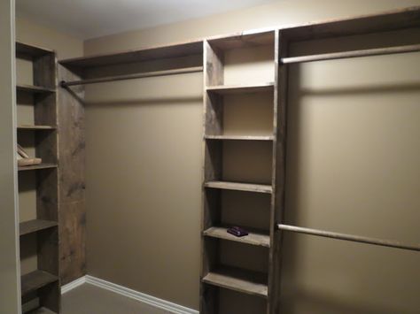 DIY closet shelves - Walk-in closets: No more living out of laundry baskets! Wood Closet Shelves, Diy Walk In Closet, Diy Closet Shelves, Narrow Closet, Closet Diy, Open Closet, Closet Layout, Closet Remodel, Closet Organization Diy