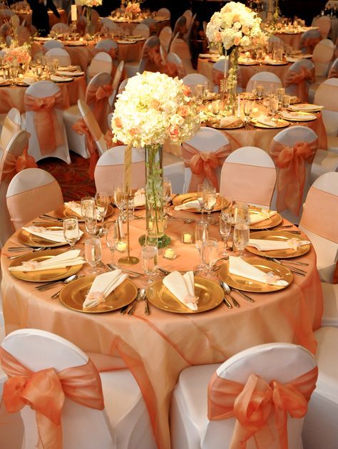 Room from Occasions By Shangri-La Orange And Gold Decorations, Orange And Gold Party Decor, Peach Wedding Decor, White And Gold Wedding Themes, Peach Gold Wedding, Peach Wedding Theme, Peach Wedding Decorations, Coral Wedding Decorations, Gold And White Wedding