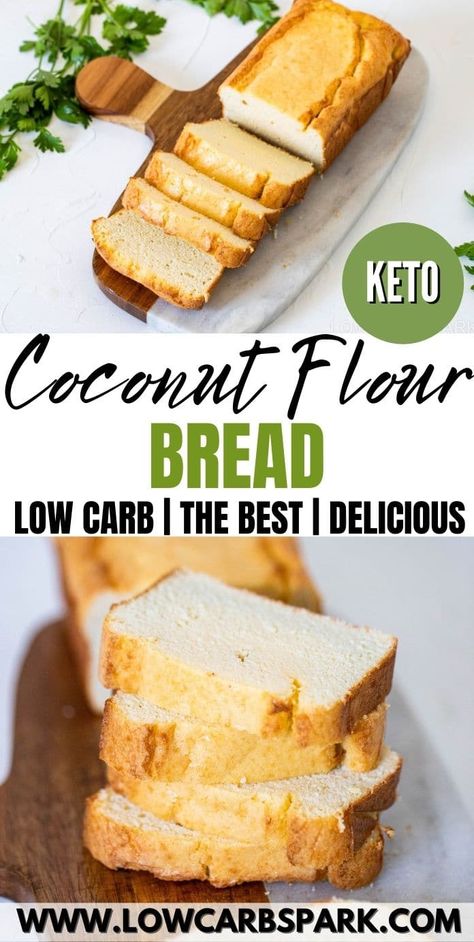 Easy Keto Coconut Flour Bread - Low Carb Bread Recipe Coconut Flour Bread Recipes, Recipes Using Coconut Flour, Coconut Bread Recipe, Easy Keto Bread Recipe, Chaffle Recipes, Coconut Flour Bread, Almond Flour Bread, Flour Bread, Coconut Flour Recipes