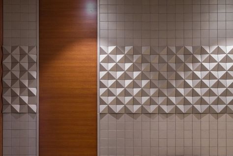 Mdf Groove Pattern, Entry Paneling, Interior Reference, Groove Pattern, Mdf Panel, Double Height, Bathroom Design Decor, Pattern Wall, Wall Patterns