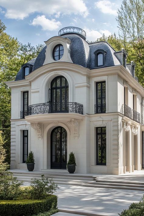 Modern french mansion with round facade and dome roof. Let’s reveal the charming features, quirky details, and luxurious elegance of French mansions. Modern French Country House Exterior, French Mansion Interior, Modern French Mansion, Small French Chateau, Italian Mansion, French Country Houses, Dome Roof, French Mansion, French Homes