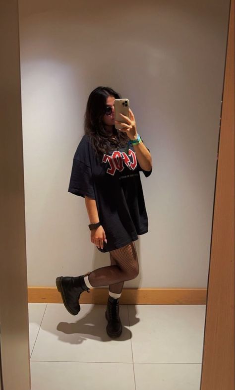 Graphic Tee And Tights Outfit, Tshirt Dress With Tights Outfit, Oversized Shirt And Stockings Outfit, Big T Shirt And Boots Outfit, Oversized Tee And Tights, Big Shirt And Tights Outfit, Oversized Shirt And Tights Outfit, Tights And Doc Martens Outfit, Shorts With Tights Outfit