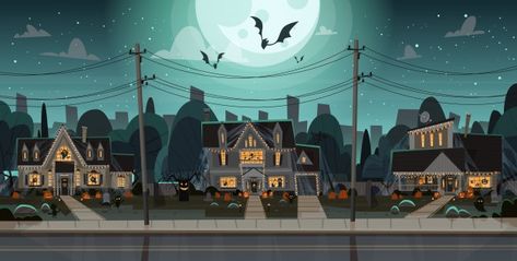 Houses decorated for halloween, front vi... | Premium Vector #Freepik #vector #people #party #halloween #city Anime Houses, Halloween City, Building Front, City Cartoon, Building Illustration, City Background, House Front Design, Cartoon Background, Halloween Home