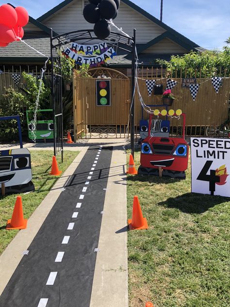 Outdoor Cars Birthday Party, Car And Truck Theme Birthday Party, Blaze Theme Birthday Party, 4 Wheeling Birthday Party, Garage Birthday Party Ideas Kids, Racetrack Birthday Party Ideas, Vehicle Themed 2nd Birthday Party, Automobile Birthday Party, Auto Birthday Party