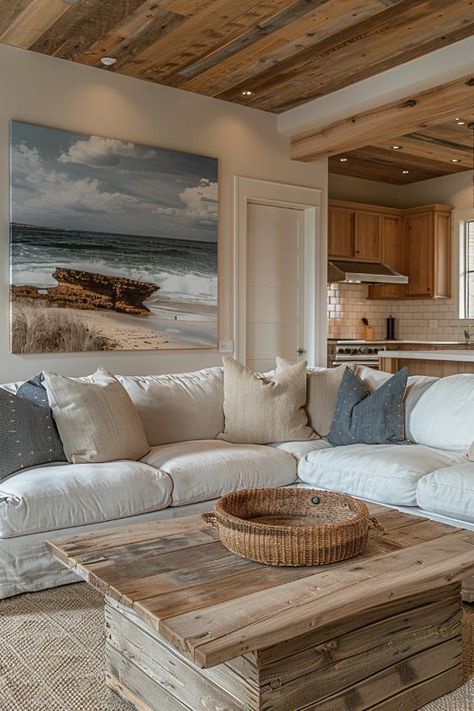 39 Coastal Decor Ideas To Bring Seaside Vibes Home Seaside Cabin Aesthetic, Coastal Cabin Living Room, Seaside House Interior Design, Masculine Coastal Decor, New England Beach House Interior, Seaside Interior Design, Beach Coastal Interior Design, Beach Homes Interiors, Coastal Basement