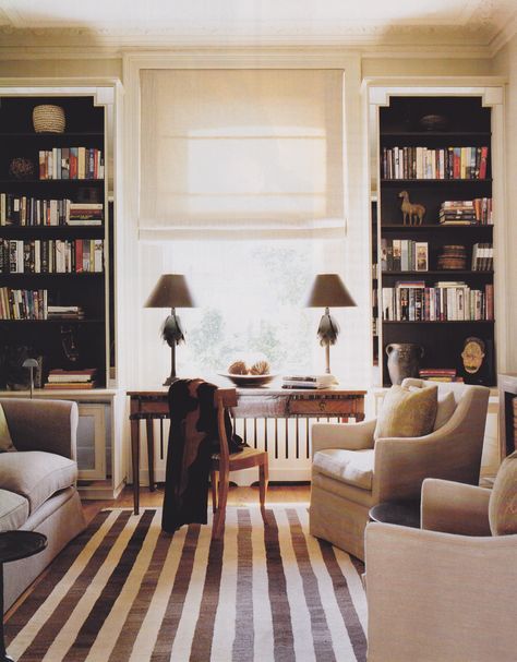 photos and resources from British Homes and Gardens, May 2005.London home re-imagined by interior designer, and home owner, Sheila Harley Long Narrow Living Room, Narrow Living Room, Home Libraries, Plywood Furniture, Style At Home, Formal Living Rooms, Formal Living, Vintage Modern, A Living Room