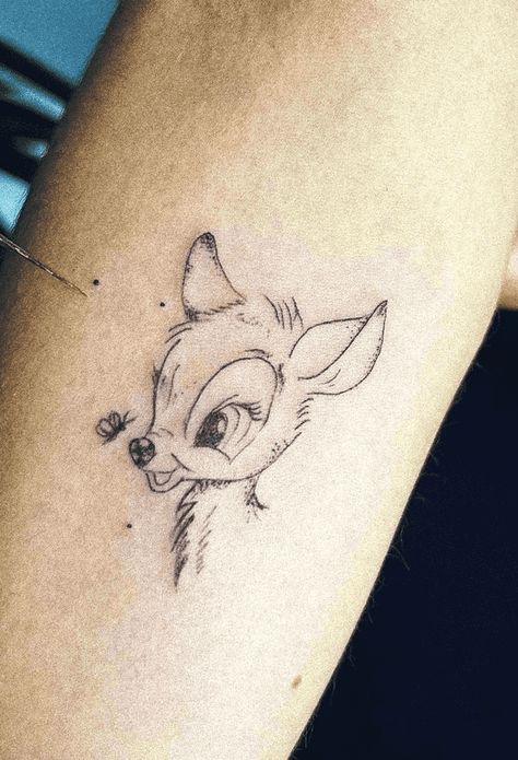 Bambi Tattoo Minimalist, Bambi Fine Line Tattoo, Bambi Thumper Tattoo, Lady And The Tramp Tattoo Couples, Bambi Tattoo Design, Cute Small Disney Tattoos, Disney Animal Tattoos, Bambi Tattoo Small, Bambi Tattoo Disney