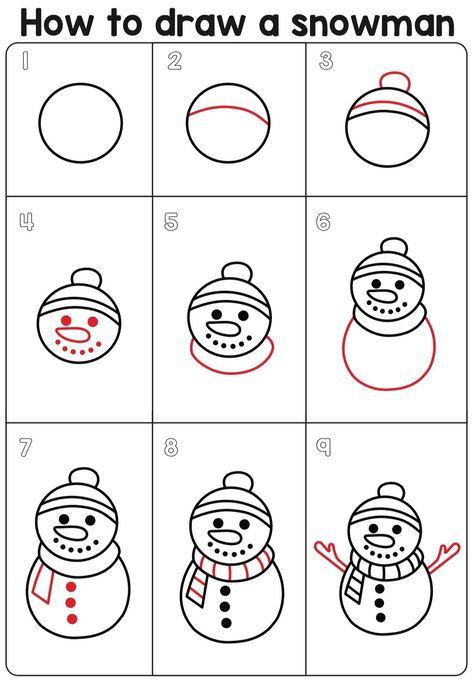 How To Draw A Snowman, Snowman Doodle, January Preschool Themes, Christmas Drawings For Kids, Trin For Trin Tegning, Draw A Snowman, Easy Christmas Drawings, Snowman Art, Xmas Drawing