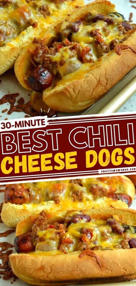 This easy chili hot dog recipe is always a hit! Not only does it make the perfect Memorial Day food, but is also a great Father's Day grilling idea. No matter who you are feeding, this chili cheese dog bake is sure to satisfy those hearty appetites! Save this and try it! Chili Recipe For Hot Dogs, Thick Chili, Chili Cheese Dog Bake, Chili Dog Bake, Baked Chili Cheese Dogs, Chili Cheese Hot Dog, Grilled Hot Dogs, Chili Dog Chili Recipe, Bake Dinner