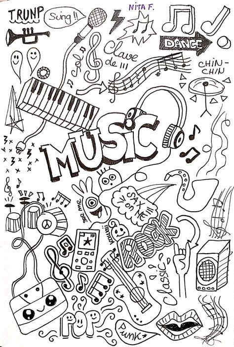 Music Related Drawings, Doodle Art Music, Music Art Drawing, Drawing Music, Music Drawing, Music Doodle, Drawing Rocks, Doodle Wall, Doddle Art