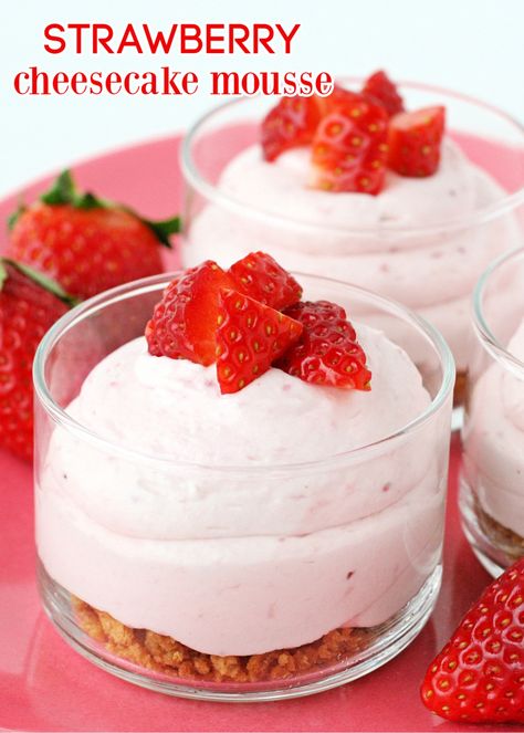 This Strawberry Cheesecake Mousse is light and fluffy, sweet, and has a deliciously light cream cheese flavor. No bake and perfect for summer, this easy mousse recipe is a lovely addition to your summer entertaining menu! // Glorious Treats #strawberry #mousse #cheesecake #nobake #dessert #desserts #summerdesserts Easy Mousse, Strawberry Cheesecake Mousse, Mousse Recipes Easy, Nobake Dessert, Mousse Cheesecake, Entertaining Menu, Cheesecake Trifle, Cheesecake Mousse, Making Whipped Cream