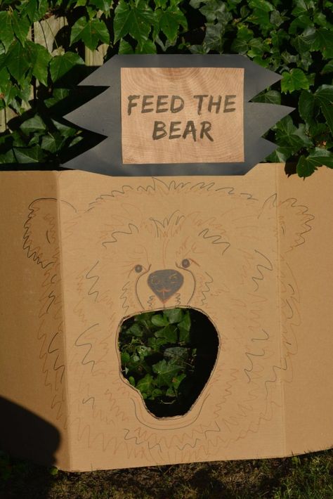 Feed the Bear Game Camping Theme Party Activities, Kids Camping Party Games, National Park Birthday Party Games, Camping Theme Birthday Games, Camping Party Treats, Trailer Theme Party, Camp Themed Birthday Party Games, Camp Out Party Ideas For Kids, Camp Out Theme Birthday Party