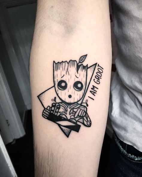 Groot Tattoo Ideas, Carton Tattoo, Baby Groot Tattoo, Fancy Tattoo, Groot Tattoo, Thor Tattoo, Avengers Tattoo, Marvel Tattoos, Biomechanical Tattoo