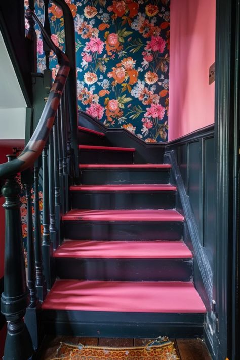 Explore stunning staircase wallpaper ideas perfect for transforming your home. This pin showcases unique wallpaper designs that add charm and style to any staircase. Ideal for home decor enthusiasts looking to refresh their interiors. Pink Stair Risers, Wallpapered Attic, Wallpaper For Stairs Wall, Painted Stair Case, Moody Staircase, Wallpaper For Stairs, Staircase Wallpaper Ideas, Stairwell Wallpaper, Stairway Wallpaper