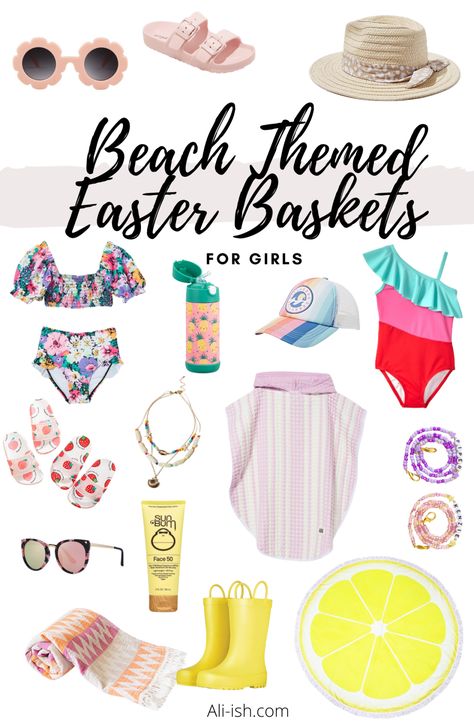 16 Ideas for a Beach Themed Easter Basket - ali-ish Swim Easter Basket Ideas, Pool Themed Easter Basket Ideas, Vacation Easter Basket Ideas, Beach Theme Easter Basket, Beach Easter Basket, Themed Easter Baskets, Beach Gift Basket, Basket Themes, Easter Baskets For Kids