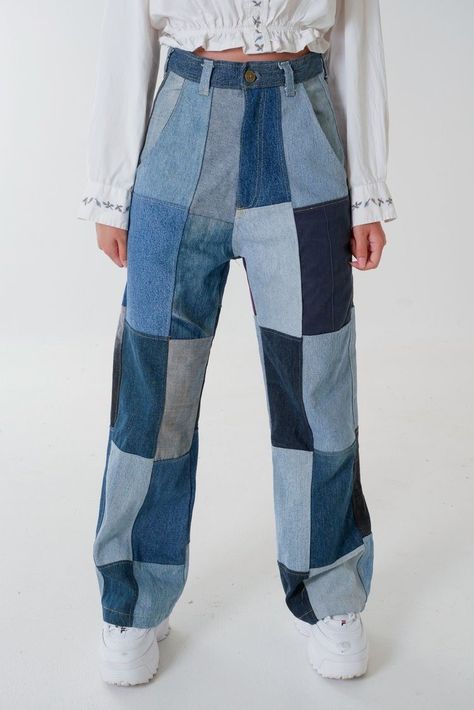 Patchwork Jeans Outfit, Denim Patchwork Jeans, Jeans Patchwork, Diy Jeans, Moda Denim, Diy Vetement, Kleidung Diy, Mode Jeans, Moda Jeans