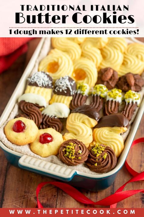 Try authentic Italian butter cookies, you can make 12 different cookies with just one dough - Perfect for your Christmas cookie tray! The Petite Cook Italian Butter Cookies, Different Types Of Cookies, Italian Christmas Cookie Recipes, Types Of Cookies, Italian Butter, Walk Ideas, Italian Butter Cookies, Cookies With Chocolate Chips, Italian Almond Cookies