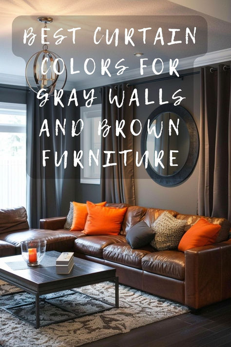 Unsure which curtain colors work with gray walls and brown furniture? Click to uncover the best choices that elevate your space! 🖼️🛋️ #HomeDecor #InteriorDesign #GrayWalls #BrownFurniture #CurtainColors Grey Wall Brown Furniture, Brown Couch Curtain Ideas, Gray Walls And Brown Furniture, Curtains For Brown Walls, Curtain Colors For Gray Walls, Curtains With Gray Walls, Grey Curtains Living Room, Dark Brown Couch, Curtain Colors