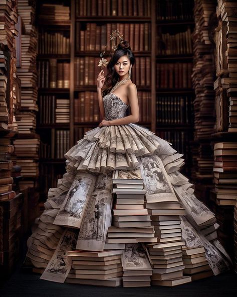 Book Dresses, Themed Dresses, Junk Kouture, Photography Artistique, Paris Prom, Fashion Show Themes, Book Costumes, Book Dress, Christmas Tree Dress