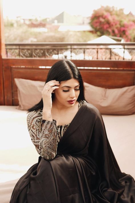 New Collection | Long Sleeves Heavy Work Blouse with Black Satin Saree Plain Sarees With Heavy Blouse, Saree Styles Black Colour, Black Saree Inspiration, Plain Black Saree With Designer Blouse, Satin Saree With Heavy Blouse, Satin Black Saree, Black Satin Saree Look, Heavy Blouse With Plain Saree, Black Saree Designs