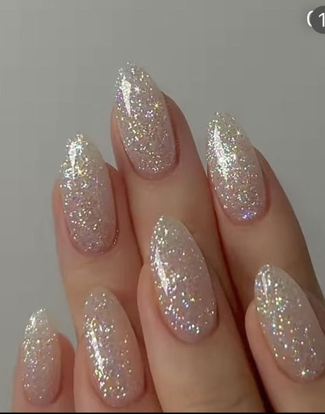 Pearlescent Nails White, Engagement Nails Glitter, Bridesmaid Nails Silver, Cute Prom Nails Short, Silver Sparkles Nails, Natural And Silver Nails, Prom Nails Silver Glittery, Formal Nails Silver, Silver Sparkling Nails