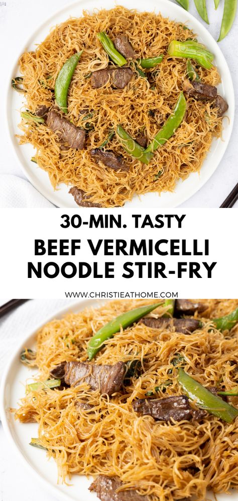 30-min. CHINESE BEEF NOODLE STIR-FRY What To Make With Vermicelli Noodles, Beef Stir Fry Rice Noodles, Vercimilli Rice Noodles Recipes, What Can I Make With Rice Noodles, Ground Beef Vermicelli Recipes, Beef Rice Noodle Stir Fry, Beef Vermicelli Recipes, Maifun Rice Noodle Recipes, Vermicelli Pasta Recipes