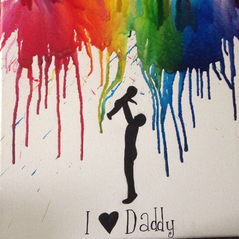 Father's Day gift! Canvas crayon painting with father and baby silhouette Canvas Fathers Day Ideas, Father’s Day Art Projects, Fathers Day Painting Ideas, Short Length Curly Hairstyles, Fathers Day Painting, Easy Thing To Paint On Canvases, Father's Day Painting, Day Painting Ideas, Diy Father's Day Crafts